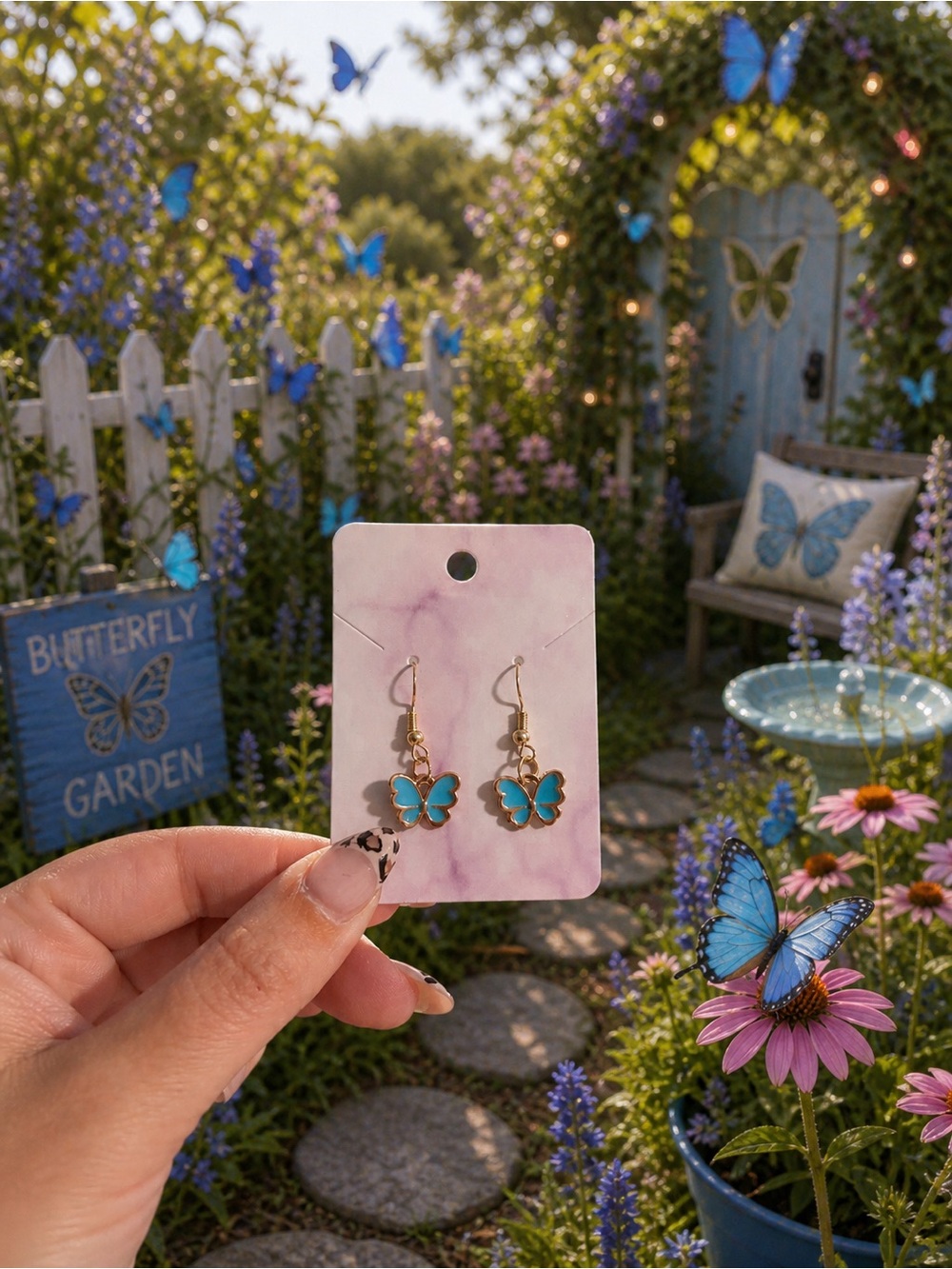 Gold-Tone Butterfly Dangle Earrings with Bright Blue Enamel